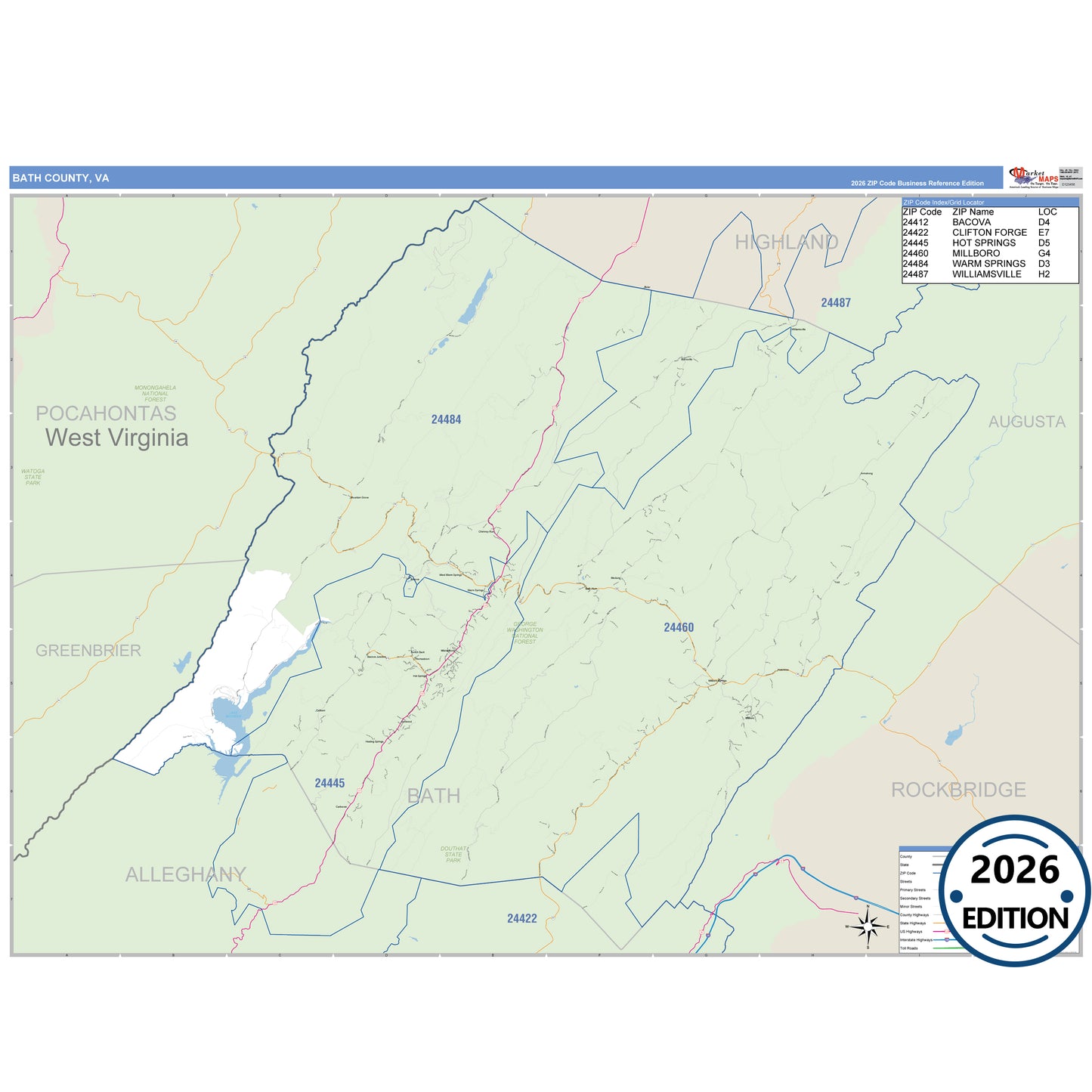 Bath County, VA Business Reference 5 Digit ZIP Code Wall Map