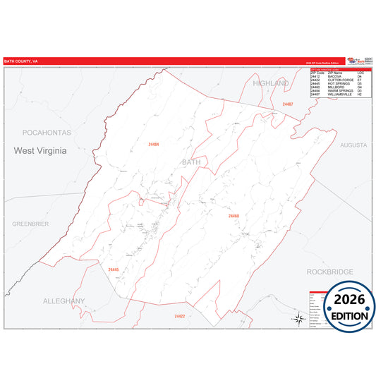 Bath County, VA Red Line 5 Digit ZIP Code Wall Map