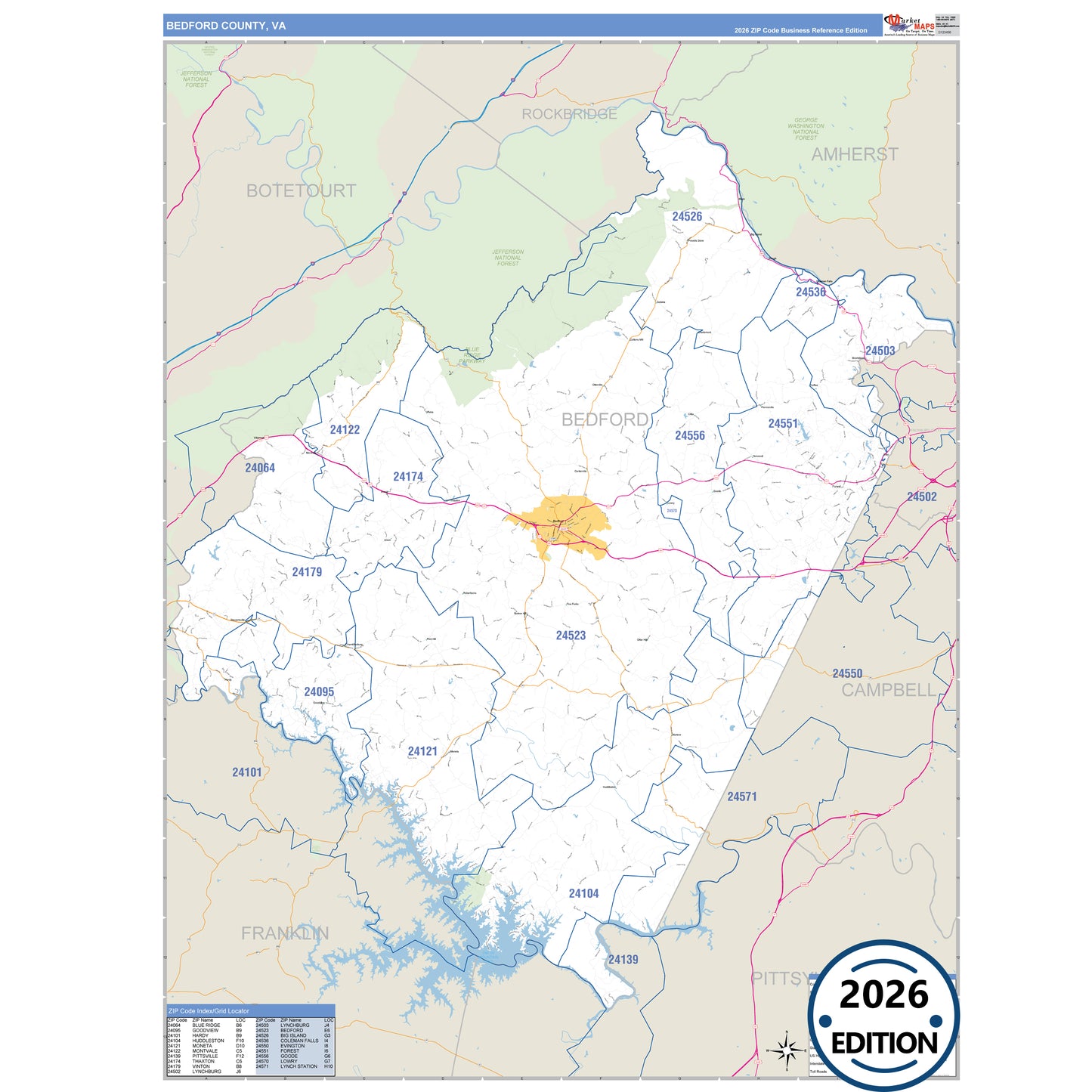 Bedford County, VA Business Reference 5 Digit ZIP Code Wall Map