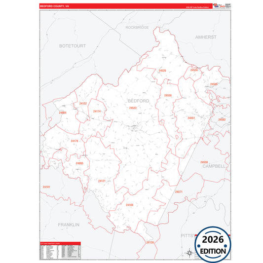 Bedford County, VA Red Line 5 Digit ZIP Code Wall Map