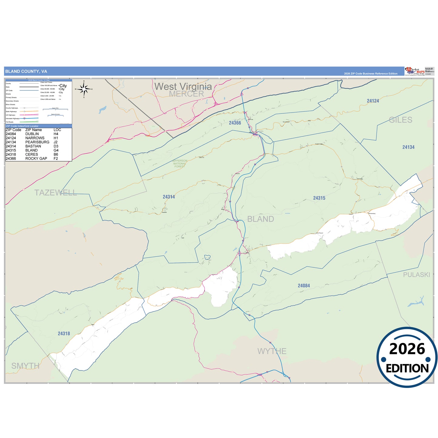 Bland County, VA Business Reference 5 Digit ZIP Code Wall Map