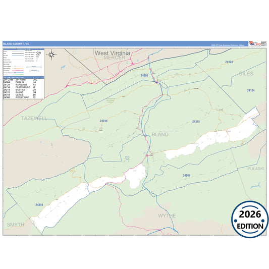 Bland County, VA Business Reference 5 Digit ZIP Code Wall Map