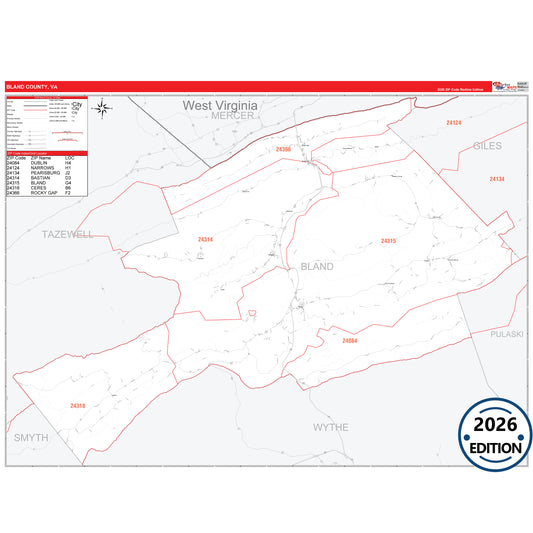 Bland County, VA Red Line 5 Digit ZIP Code Wall Map