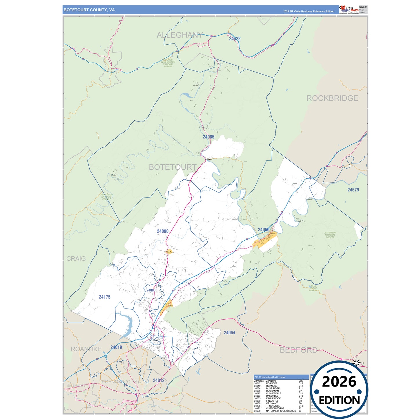 Botetourt County, VA Business Reference 5 Digit ZIP Code Wall Map
