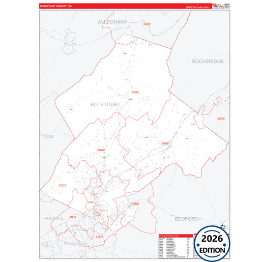 Botetourt County, VA Red Line 5 Digit ZIP Code Wall Map