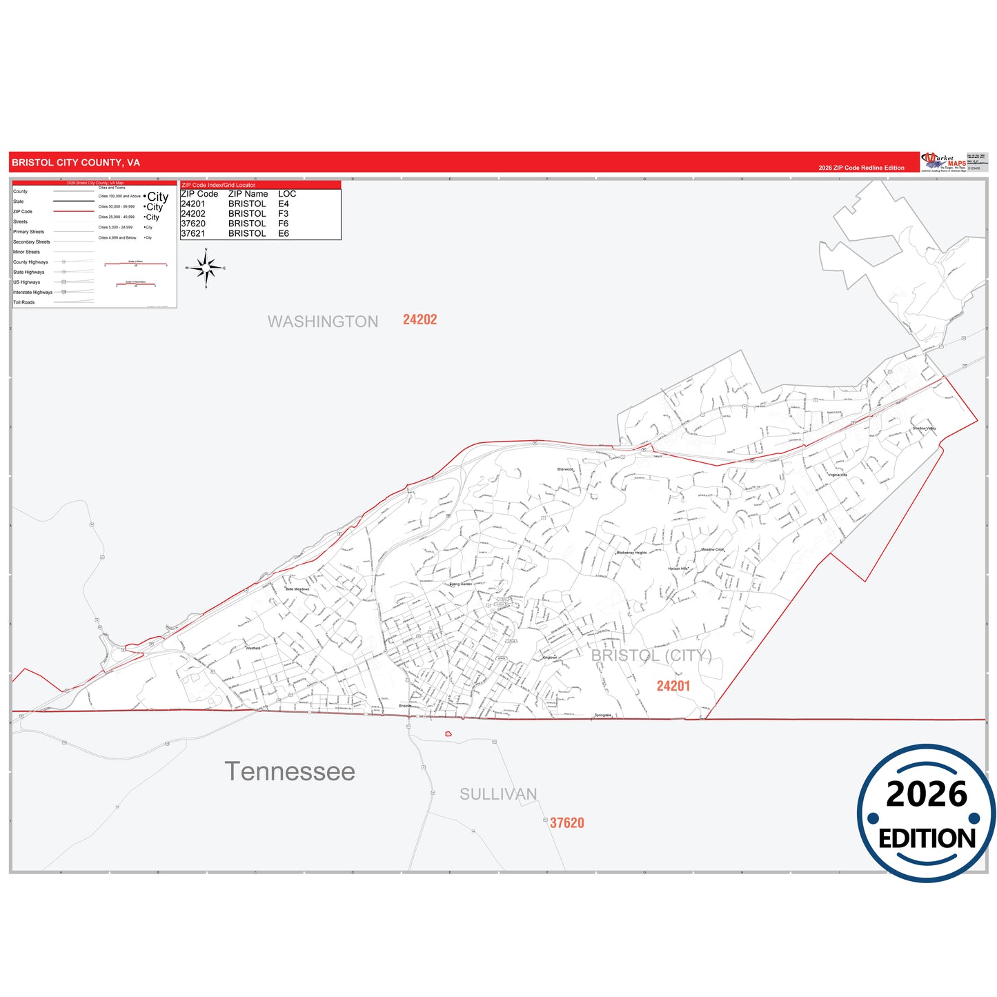 Bristol County, VA Red Line 5 Digit ZIP Code Wall Map