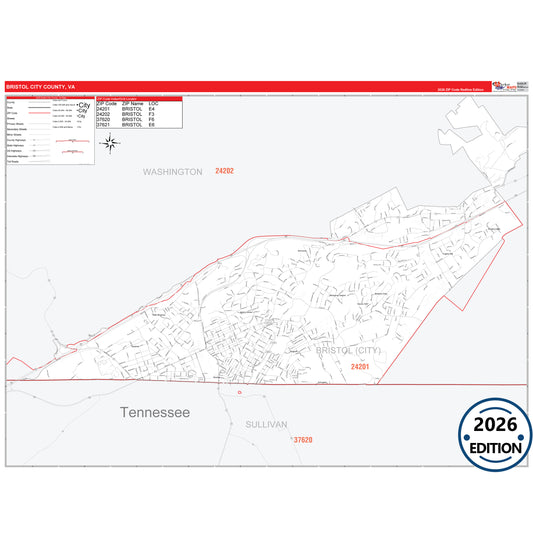 Bristol County, VA Red Line 5 Digit ZIP Code Wall Map