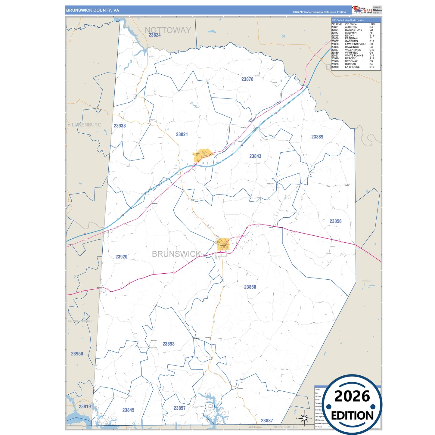 Brunswick County, VA Business Reference 5 Digit ZIP Code Wall Map
