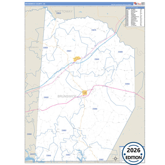 Brunswick County, VA Business Reference 5 Digit ZIP Code Wall Map