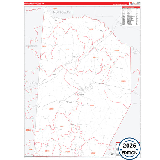 Brunswick County, VA Red Line 5 Digit ZIP Code Wall Map