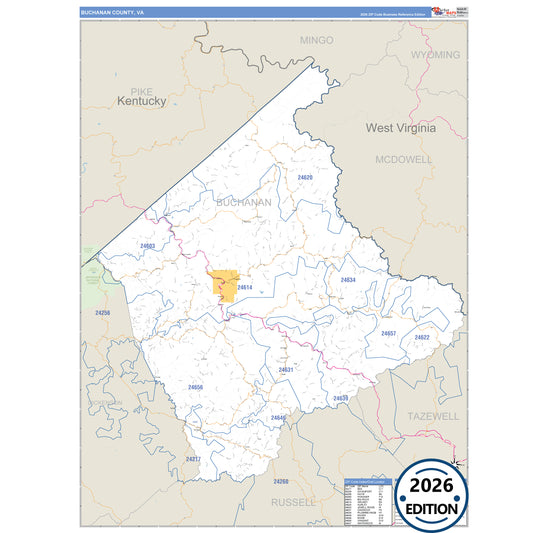 Buchanan County, VA Business Reference 5 Digit ZIP Code Wall Map