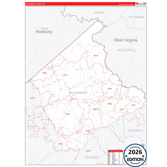 Buchanan County, VA Red Line 5 Digit ZIP Code Wall Map