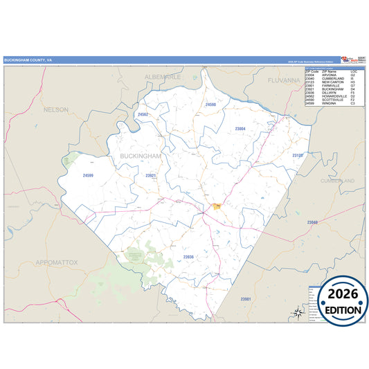 Buckingham County, VA Business Reference 5 Digit ZIP Code Wall Map