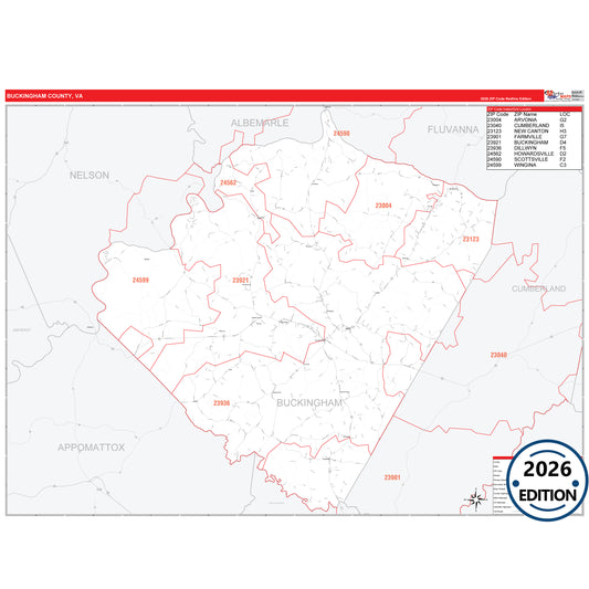 Buckingham County, VA Red Line 5 Digit ZIP Code Wall Map