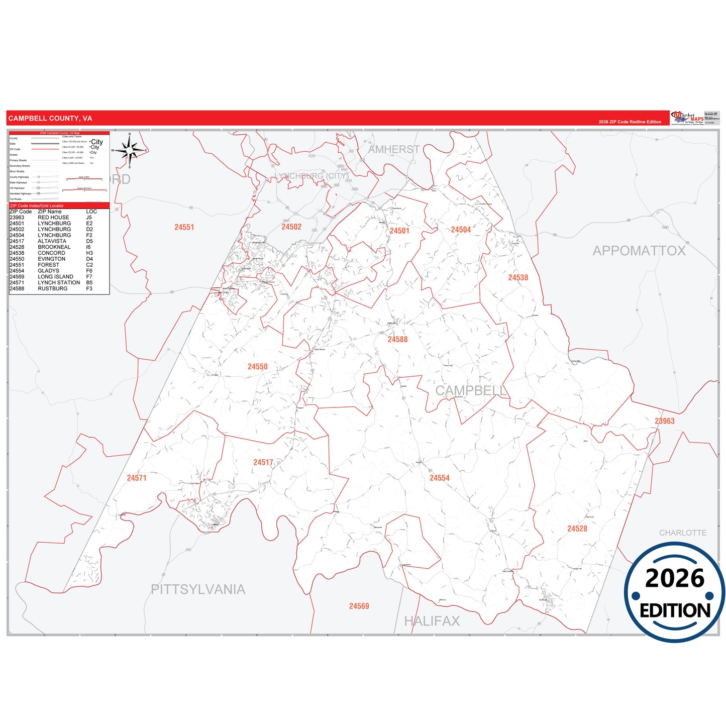 Campbell County, VA Red Line 5 Digit ZIP Code Wall Map