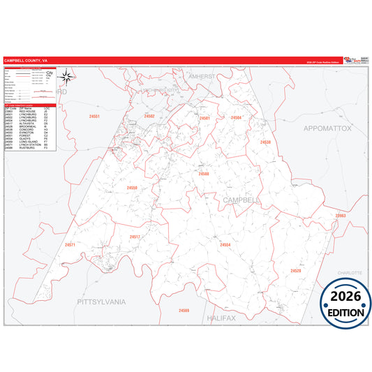 Campbell County, VA Red Line 5 Digit ZIP Code Wall Map