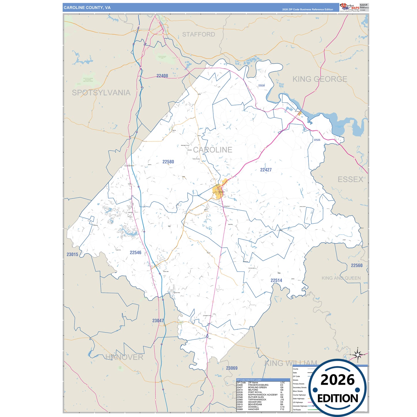 Caroline County, VA Business Reference 5 Digit ZIP Code Wall Map