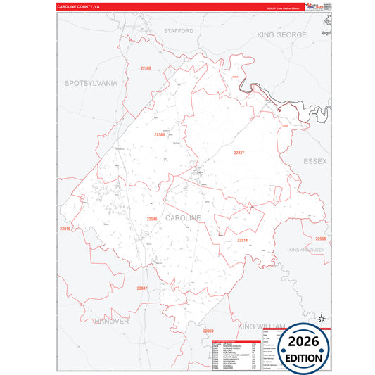 Caroline County, VA Red Line 5 Digit ZIP Code Wall Map
