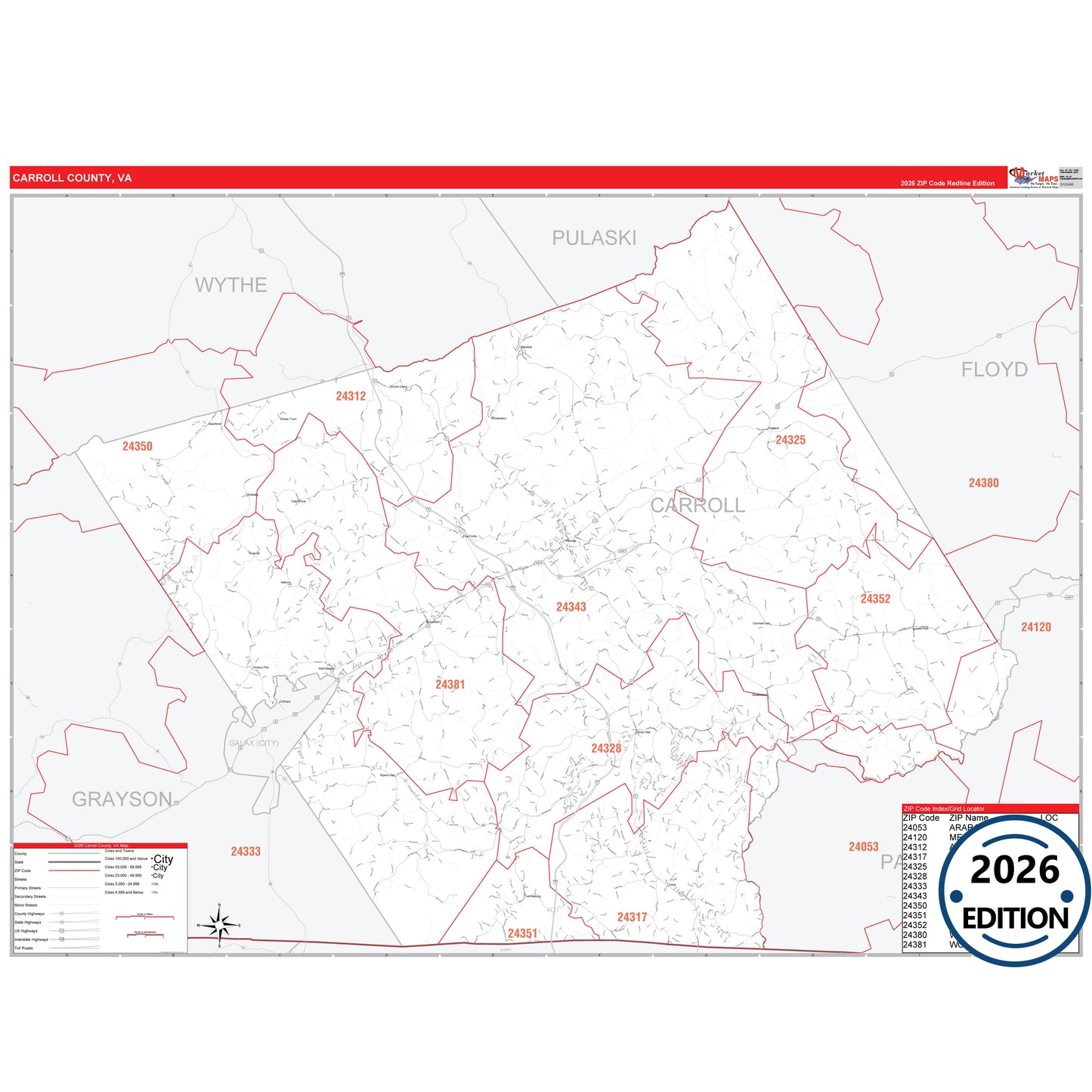 Carroll County, VA Red Line 5 Digit ZIP Code Wall Map