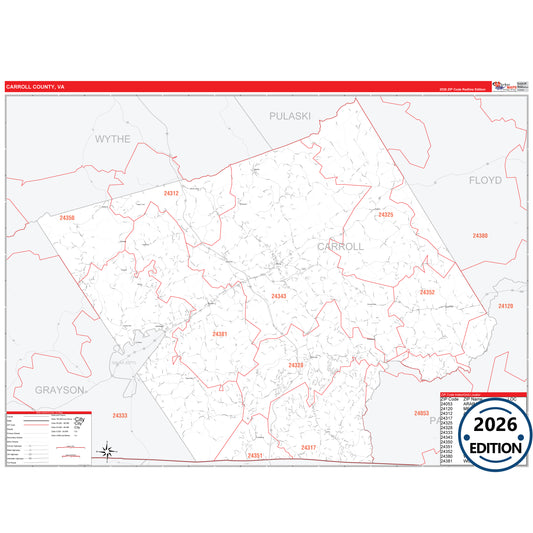 Carroll County, VA Red Line 5 Digit ZIP Code Wall Map