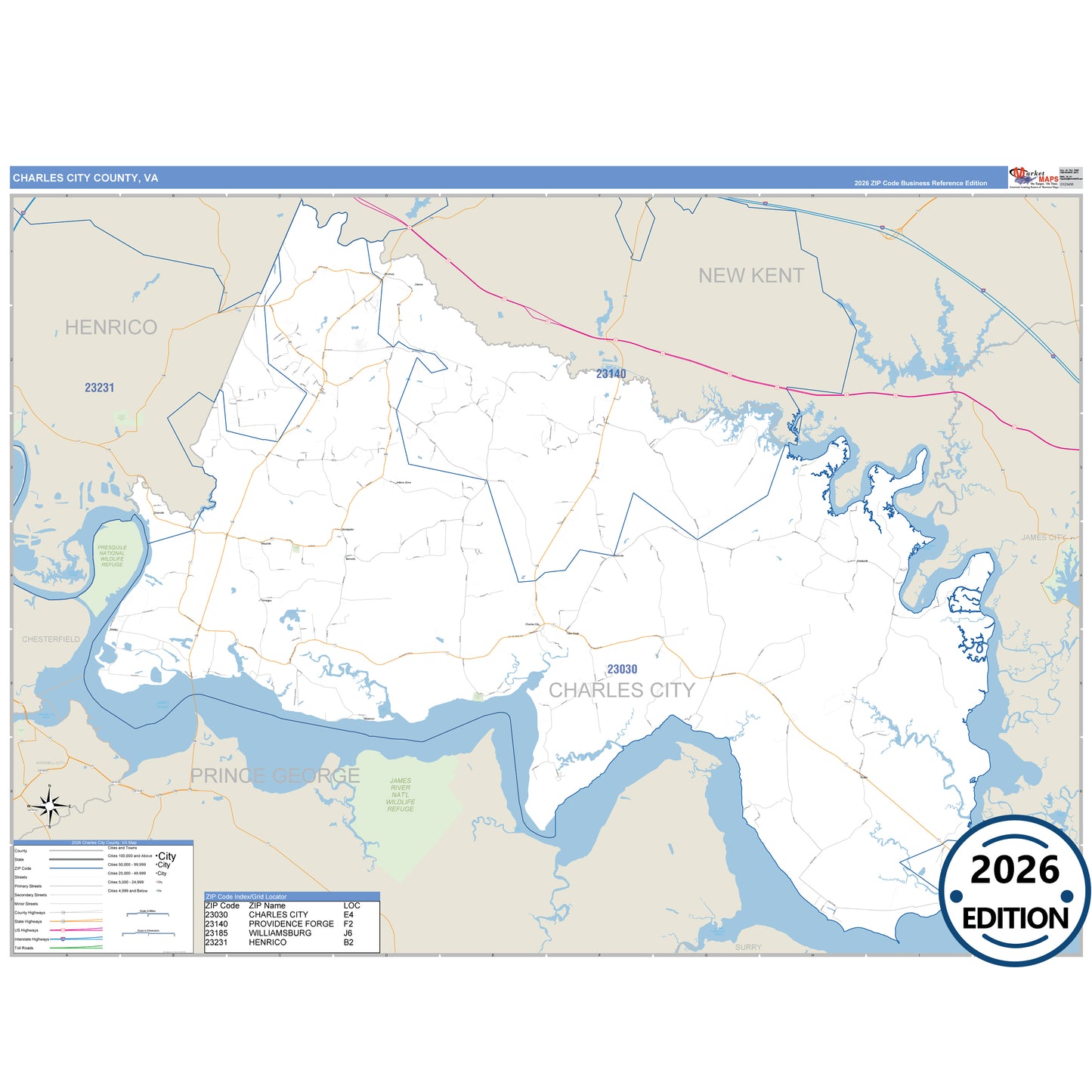 Charles City County, VA Business Reference 5 Digit ZIP Code Wall Map