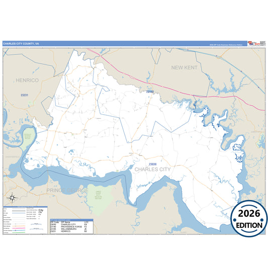 Charles City County, VA Business Reference 5 Digit ZIP Code Wall Map