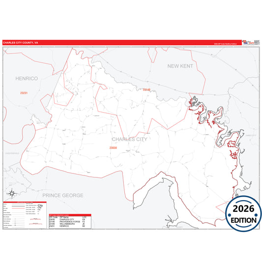 Charles City County, VA Red Line 5 Digit ZIP Code Wall Map