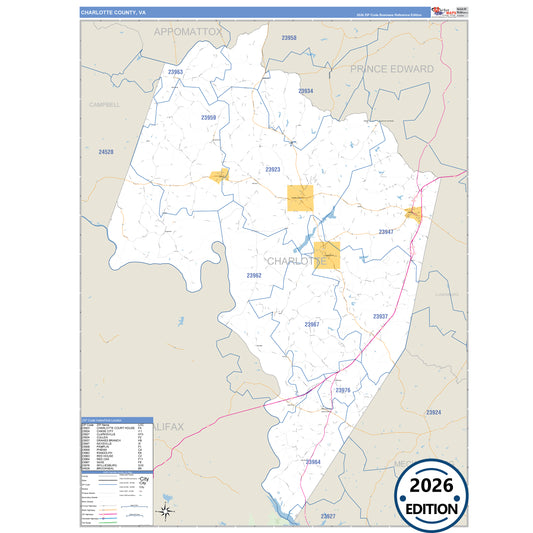 Charlotte County, VA Business Reference 5 Digit ZIP Code Wall Map
