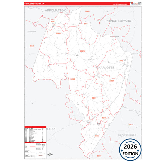 Charlotte County, VA Red Line 5 Digit ZIP Code Wall Map