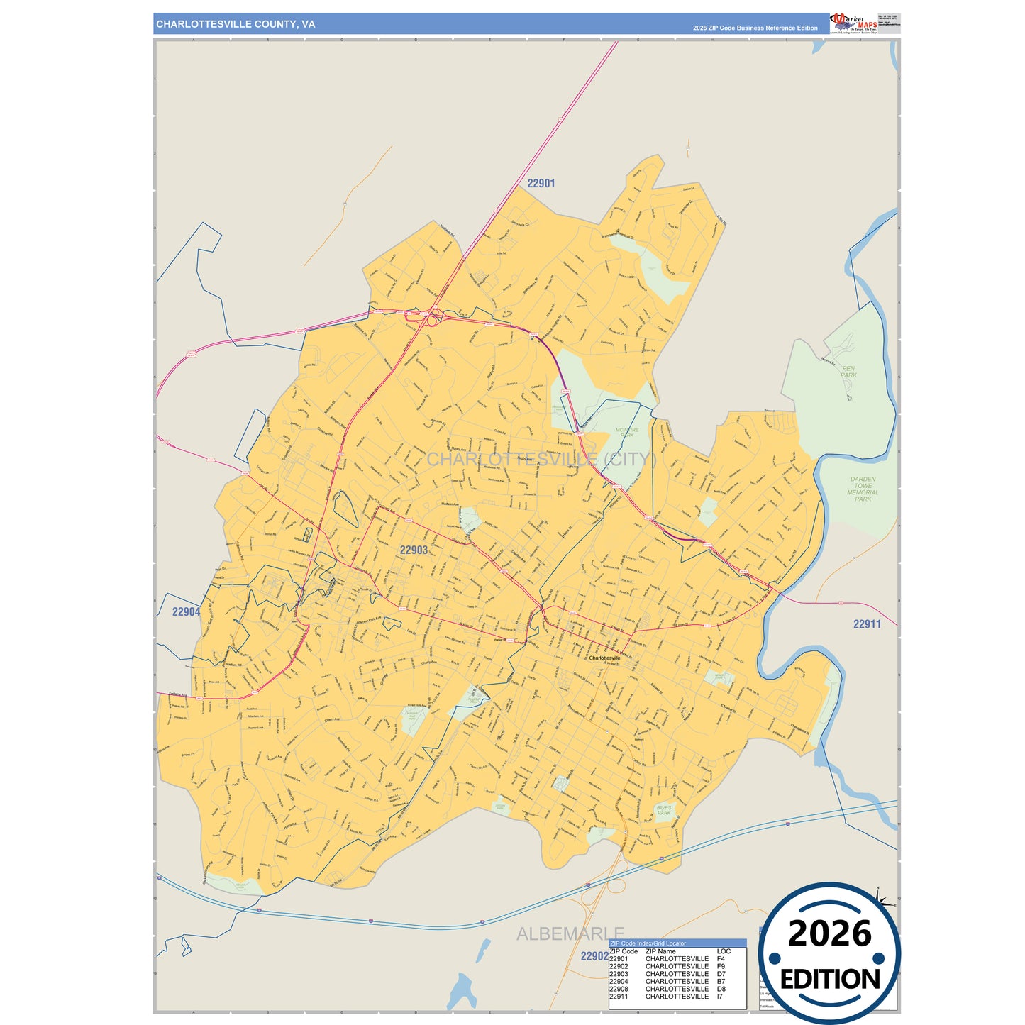 Charlottesville County, VA Business Reference 5 Digit ZIP Code Wall Map