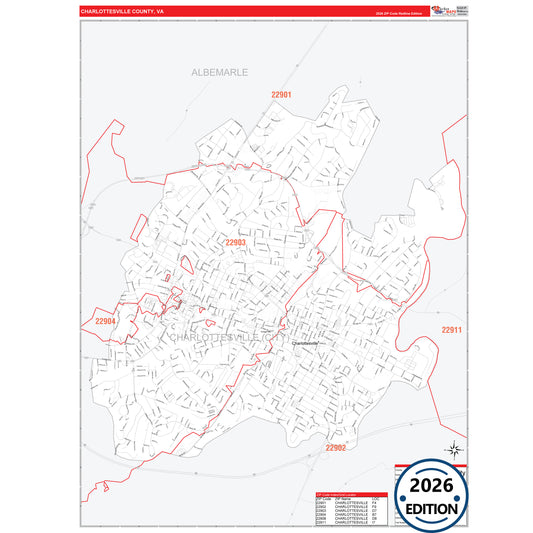 Charlottesville County, VA Red Line 5 Digit ZIP Code Wall Map