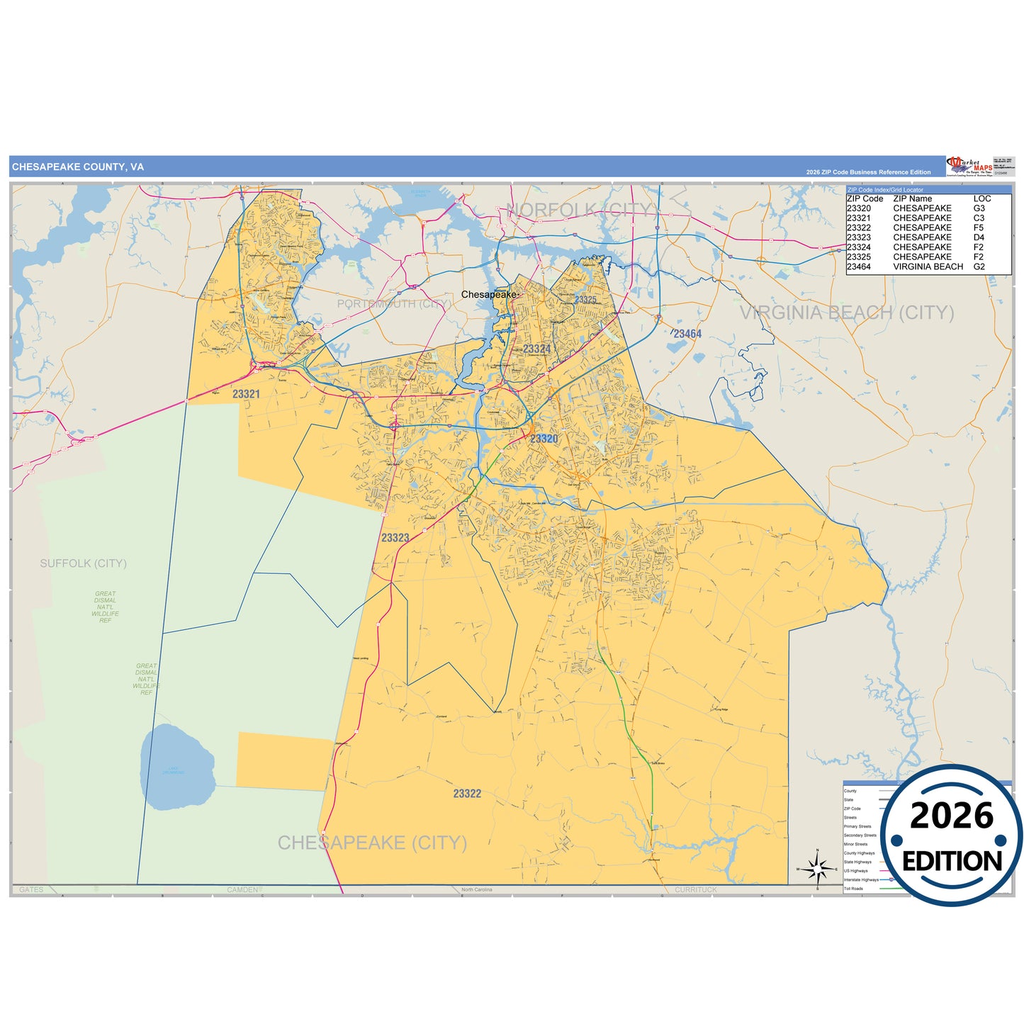 Chesapeake County, VA Business Reference 5 Digit ZIP Code Wall Map
