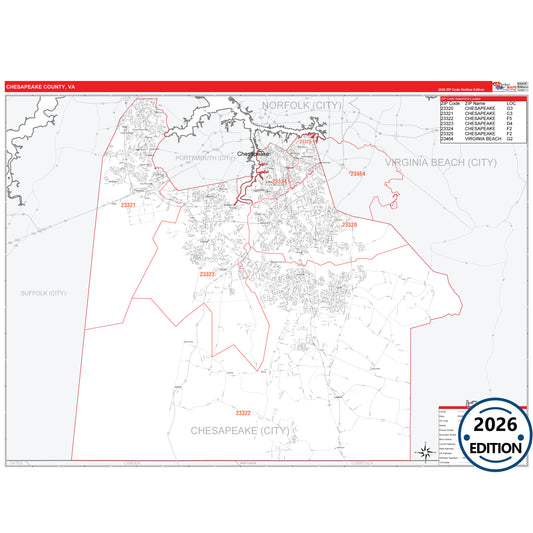 Chesapeake County, VA Red Line 5 Digit ZIP Code Wall Map