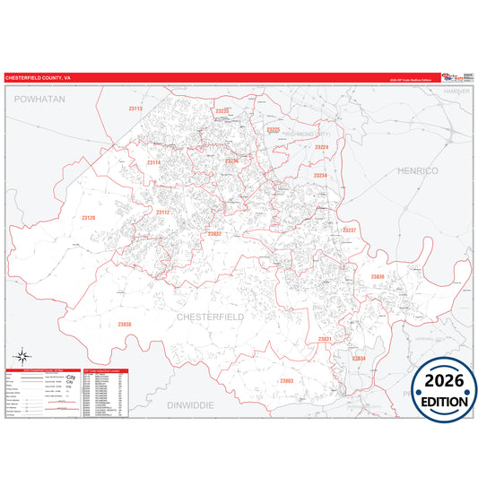 Chesterfield County, VA Red Line 5 Digit ZIP Code Wall Map