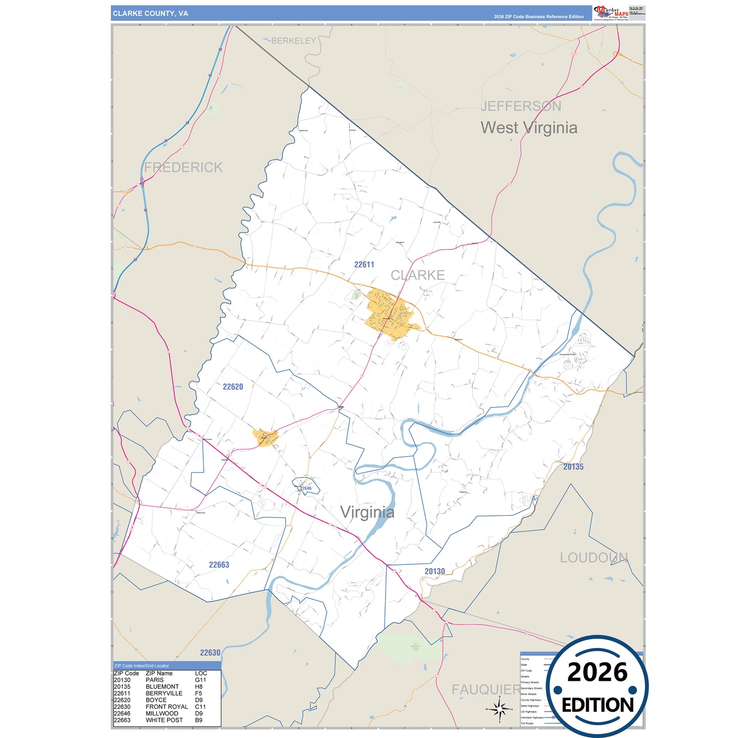 Clarke County, VA Business Reference 5 Digit ZIP Code Wall Map