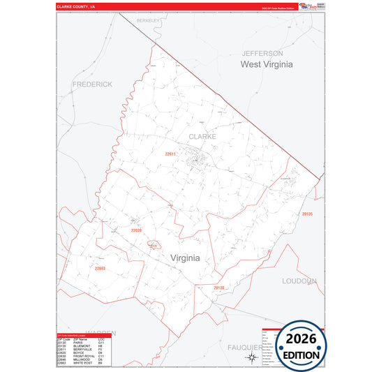 Clarke County, VA Red Line 5 Digit ZIP Code Wall Map