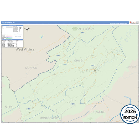 Craig County, VA Business Reference 5 Digit ZIP Code Wall Map