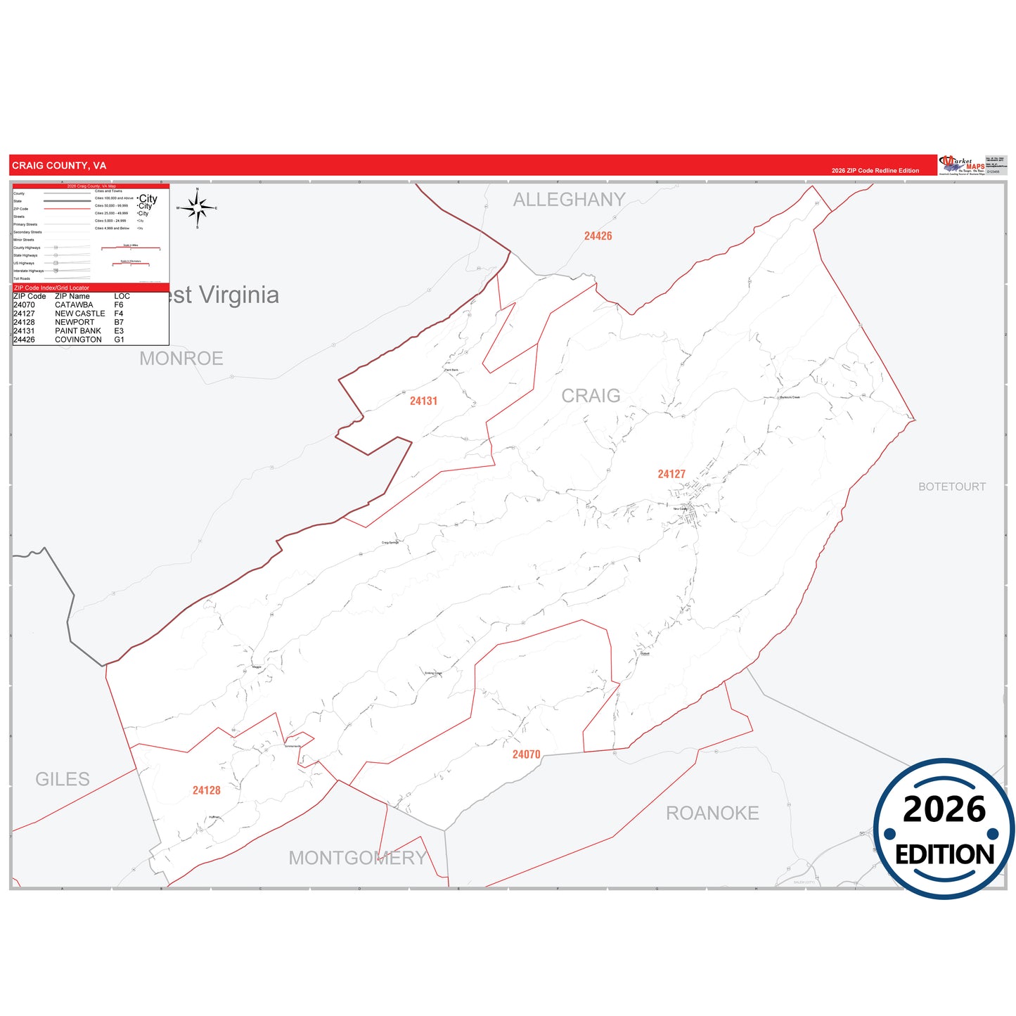 Craig County, VA Red Line 5 Digit ZIP Code Wall Map