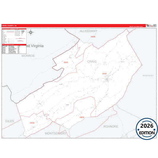 Craig County, VA Red Line 5 Digit ZIP Code Wall Map