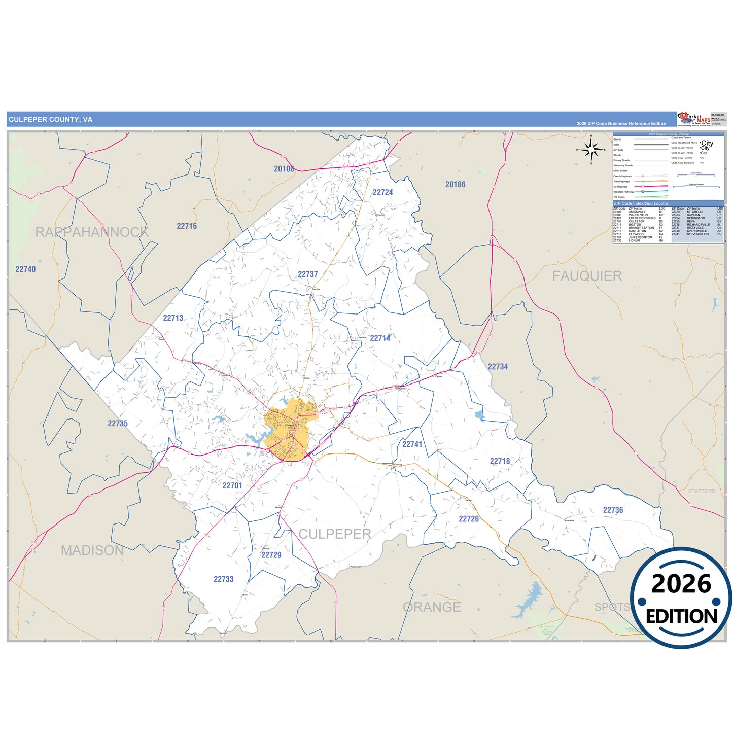 Culpeper County, VA Business Reference 5 Digit ZIP Code Wall Map