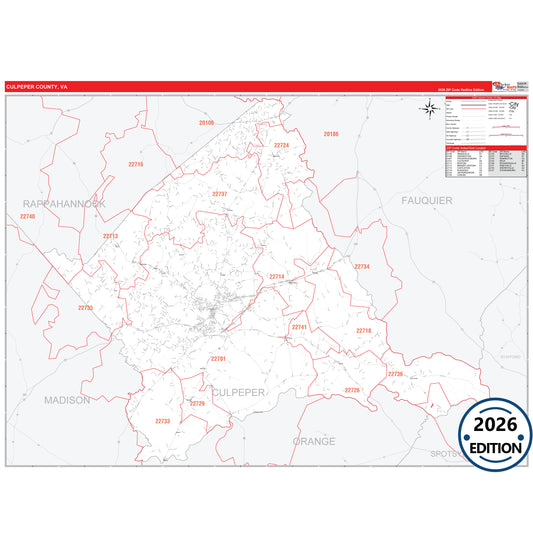 Culpeper County, VA Red Line 5 Digit ZIP Code Wall Map