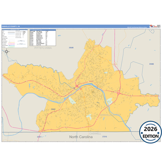 Danville County, VA Business Reference 5 Digit ZIP Code Wall Map