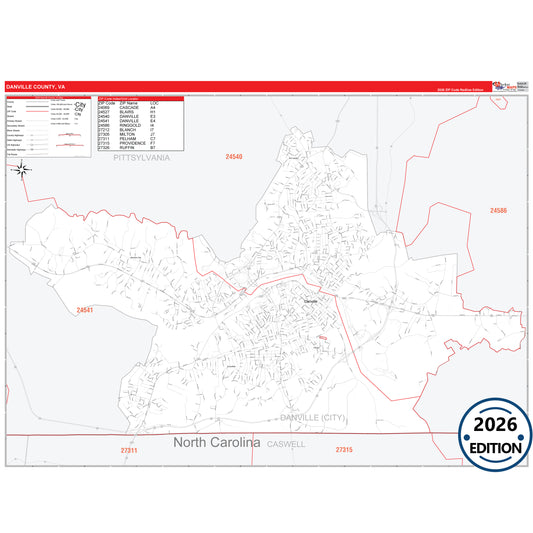 Danville County, VA Red Line 5 Digit ZIP Code Wall Map