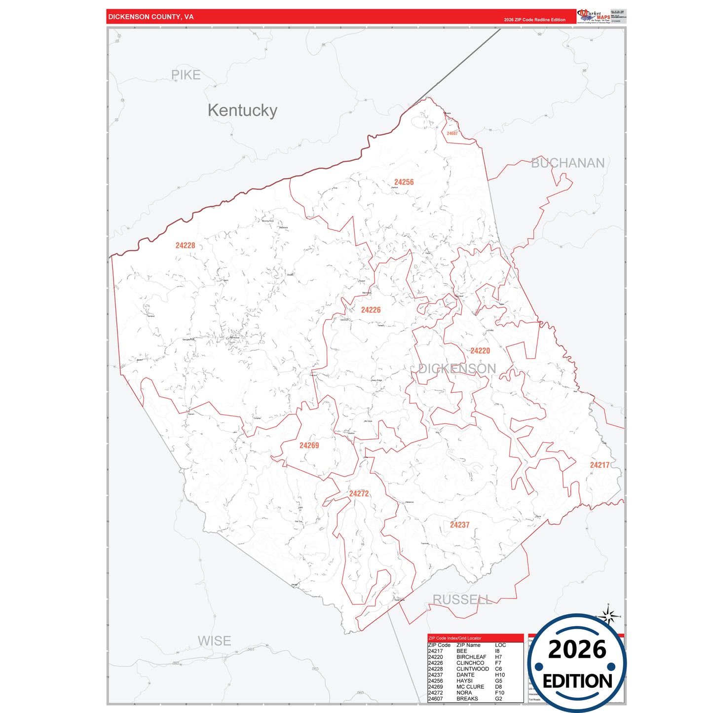 Dickenson County, VA Red Line 5 Digit ZIP Code Wall Map