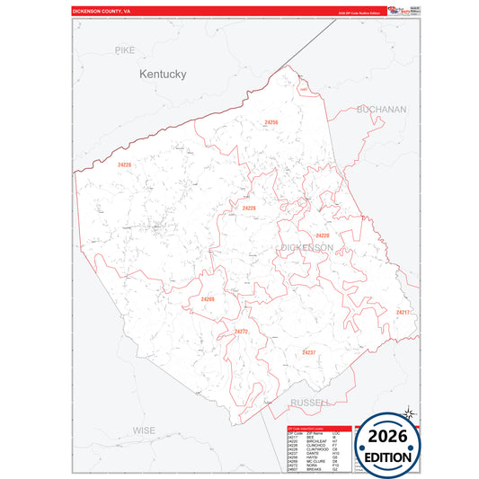 Dickenson County, VA Red Line 5 Digit ZIP Code Wall Map