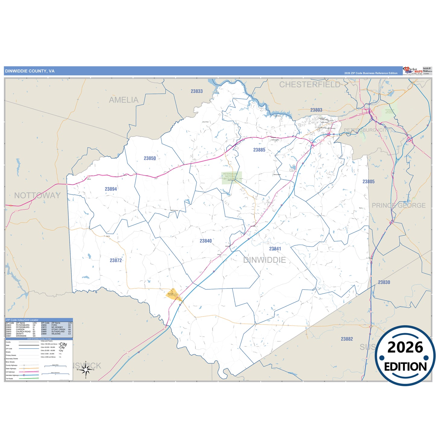 Dinwiddie County, VA Business Reference 5 Digit ZIP Code Wall Map
