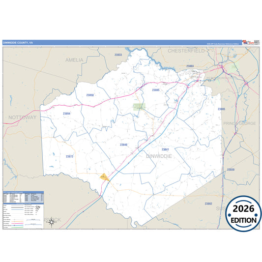 Dinwiddie County, VA Business Reference 5 Digit ZIP Code Wall Map