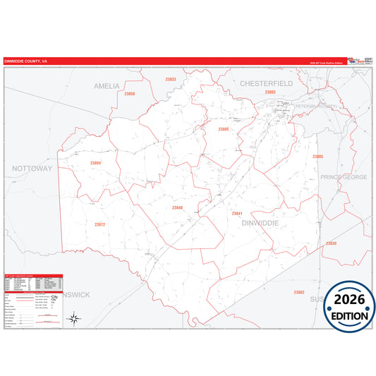 Dinwiddie County, VA Red Line 5 Digit ZIP Code Wall Map