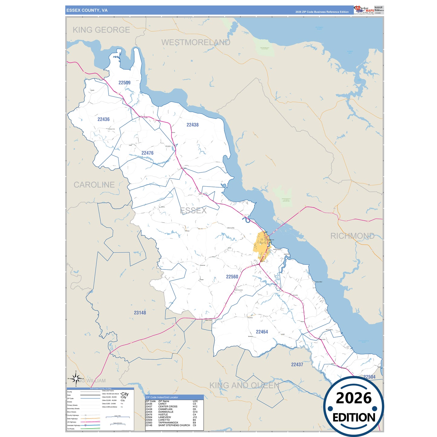 Essex County, VA Business Reference 5 Digit ZIP Code Wall Map