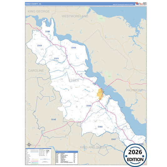 Essex County, VA Business Reference 5 Digit ZIP Code Wall Map